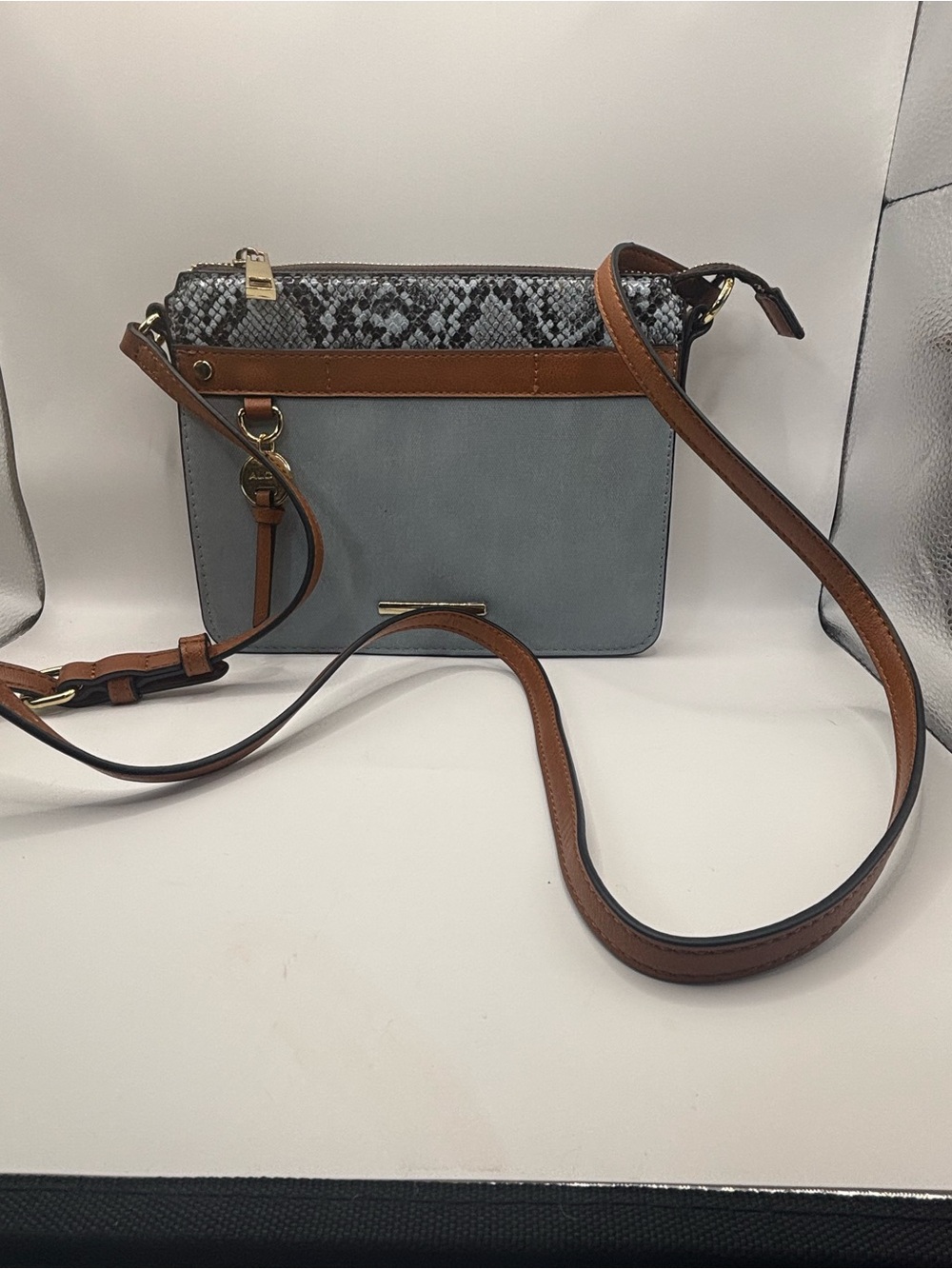Aldo Gray Crossbody with Tan Trim and Snake-Print Accent